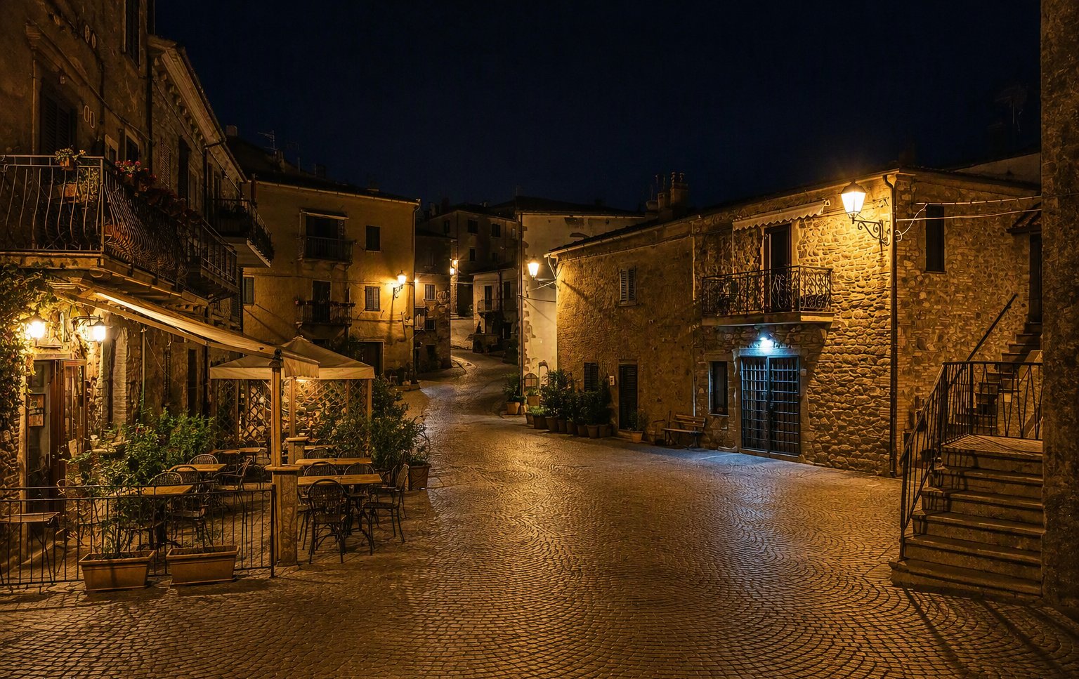 La via del borgo di Tirli di sera, con i tavolini all'aperto